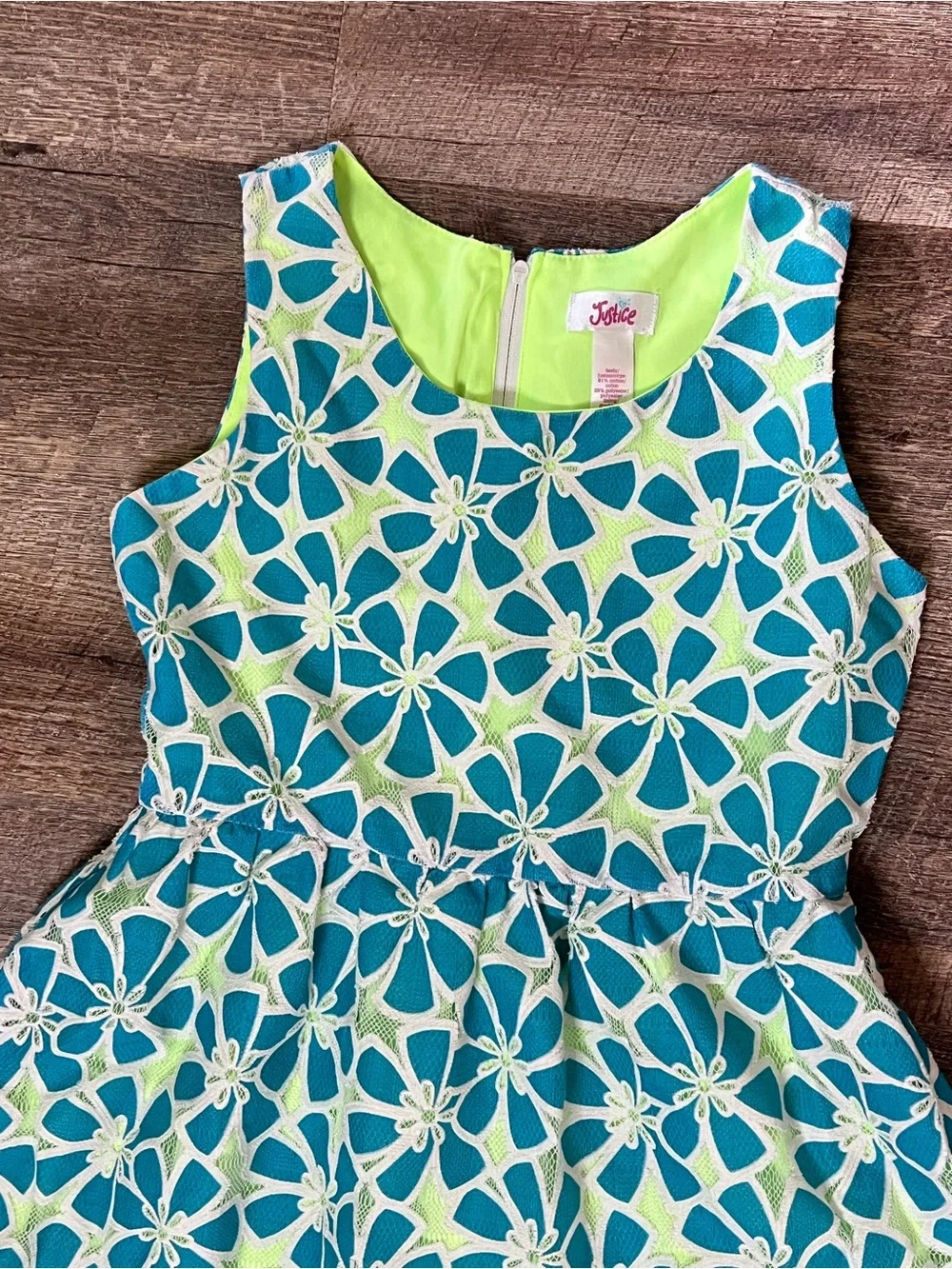 Justice Floral Lace Fit & Flare Dress Blue Lime Girls 12 Easter Party